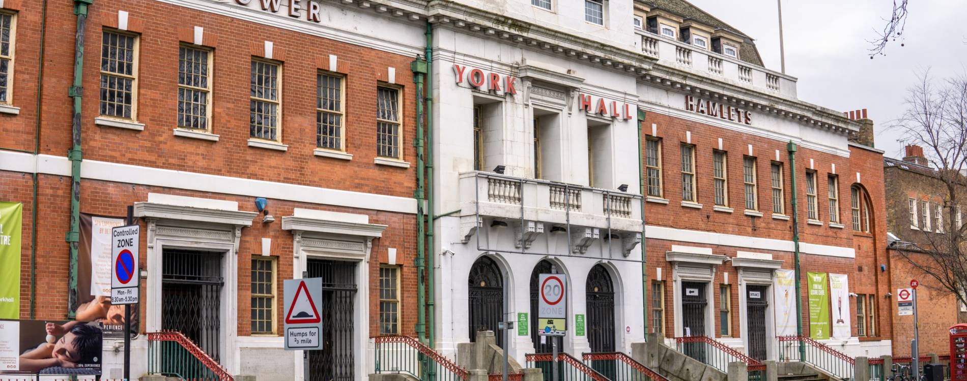 View of the main entrance at York Hall
