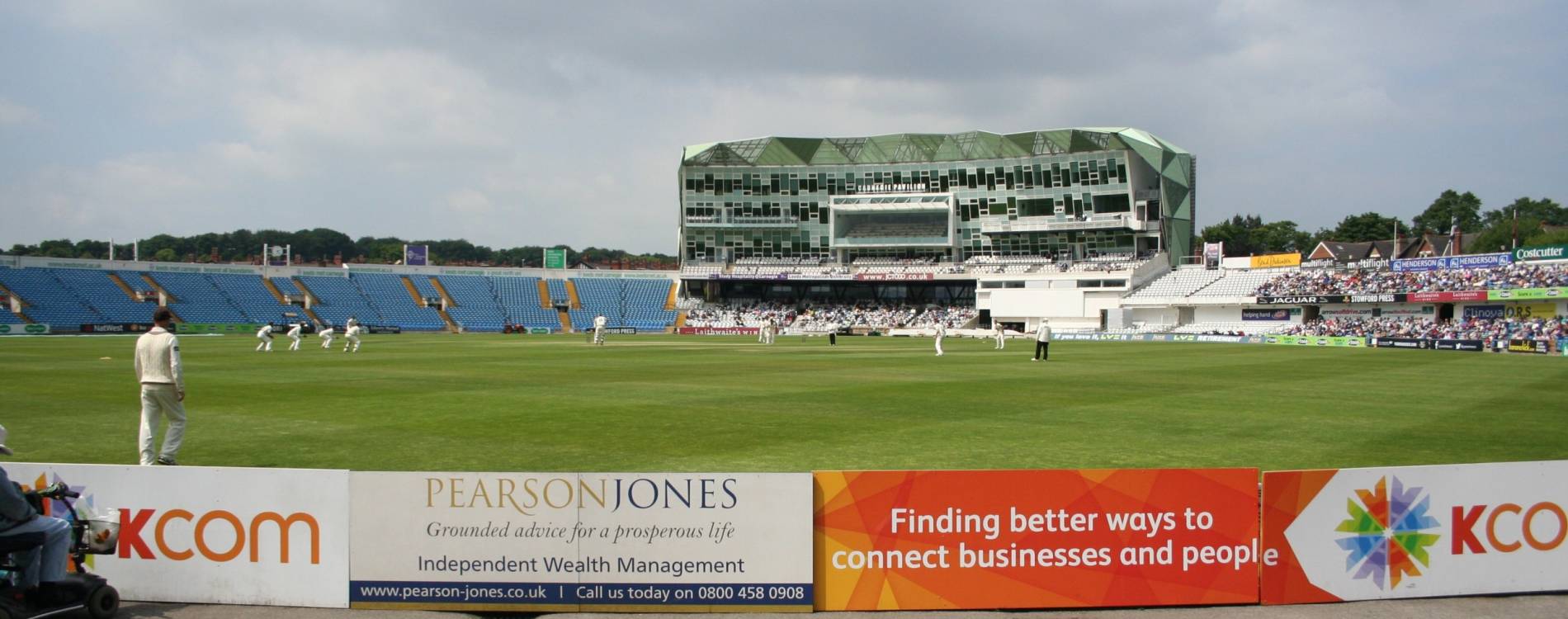 View of the pitch and impressive pavilion at Headingley Cricket Ground